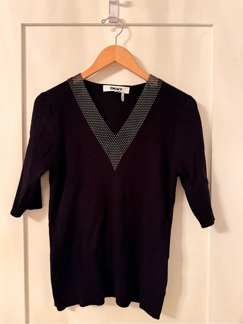DKNY Black V-Neck Knit Top with Silver Stud Trim